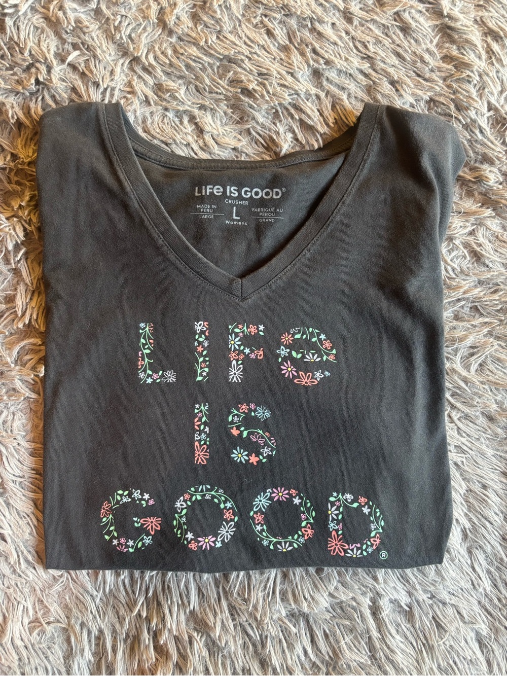 Life Is Good Black V-Neck Tee with Floral Logo Print